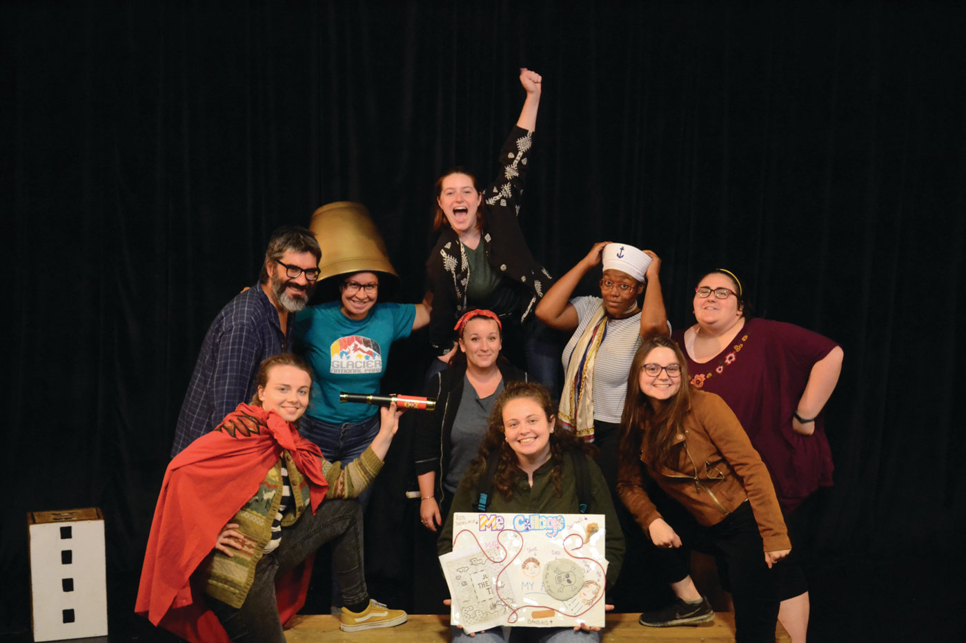 CAST OF MATEYS: Director Dave Rabinow, Gamm teaching artist and production stage manager Jessica Corsentino (middle) and the cast of “Judy Moody & Stink: The Mad, Mad, Mad, Mad Treasure Hunt,” which includes Tyra Wilson, Ava Mascena, Alexis Ingram, Cassidy Mccartan, Kelly Robertson, Maggie Papa and Olivia Winters.